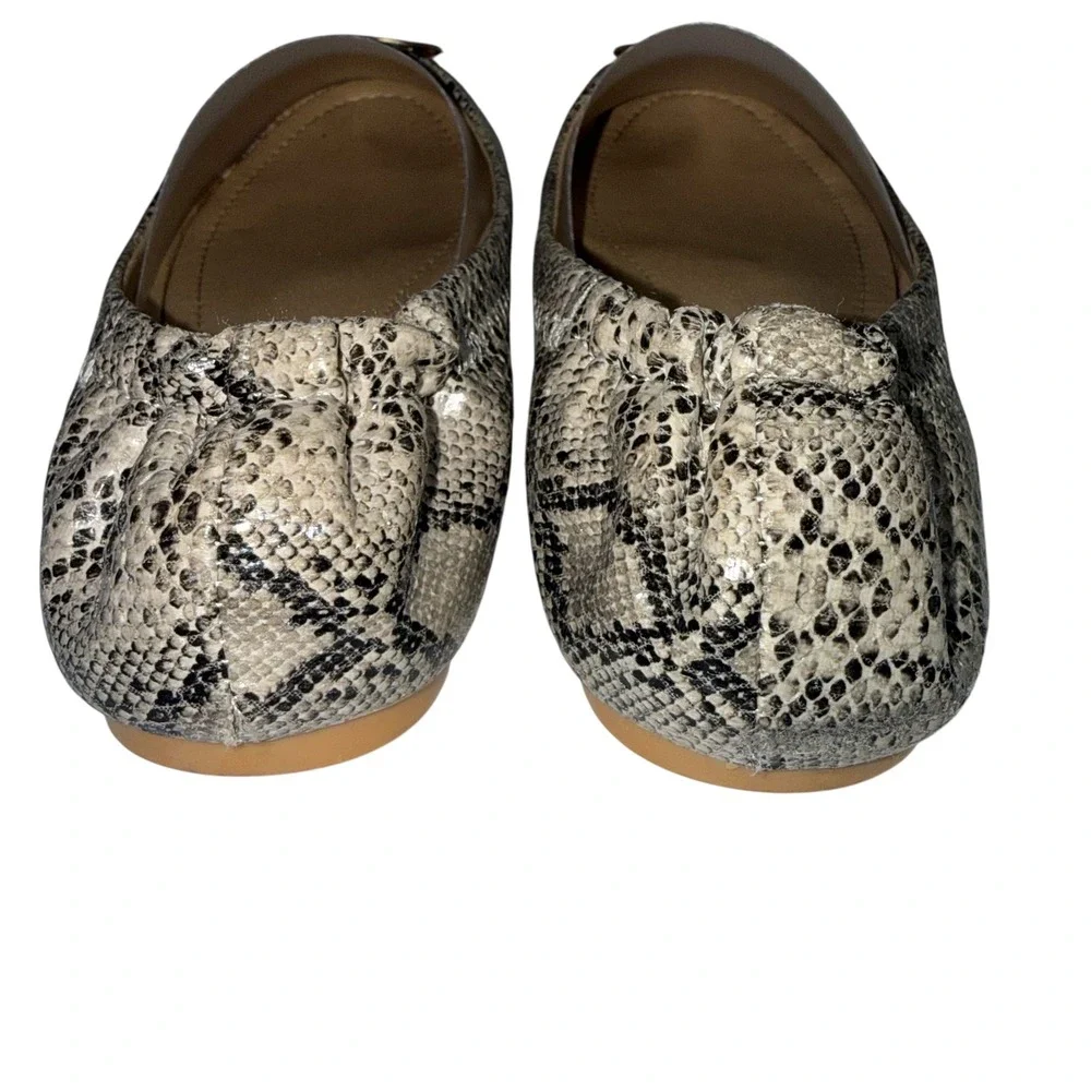 Tory Burch Minnie Travel Ballet Flats Snakeskin Embossed‎ Gold Logo 36 N3018-7S